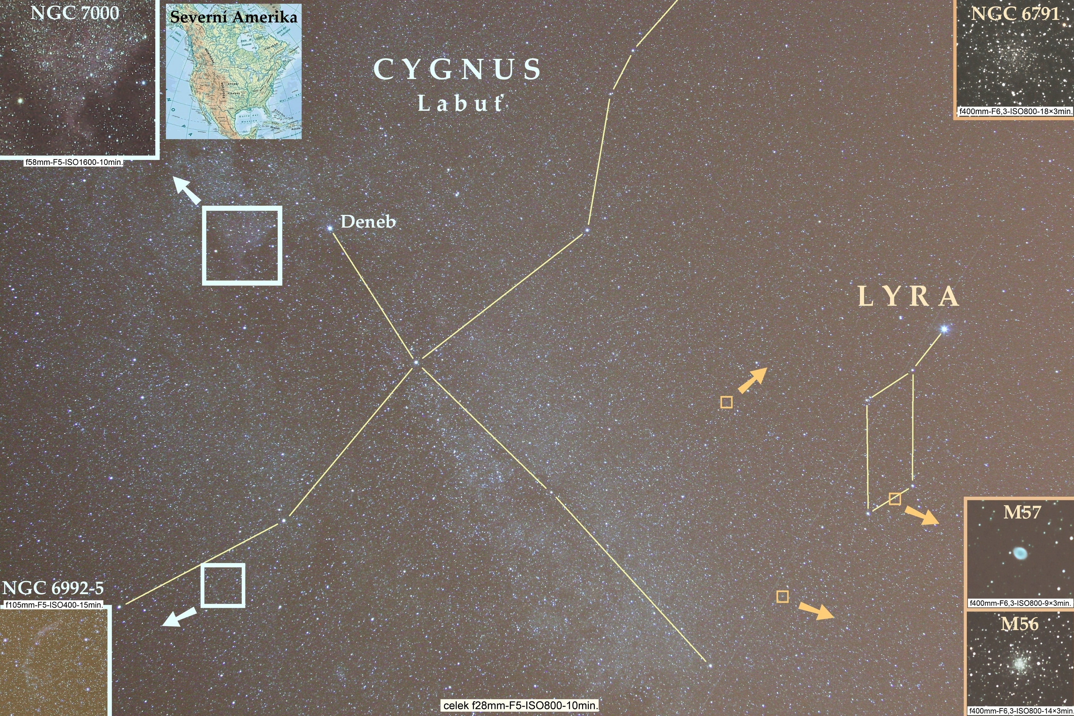 Cygnus: NGC 6992-5, NGC 7000, Lyra: M56, M57, NGC6791