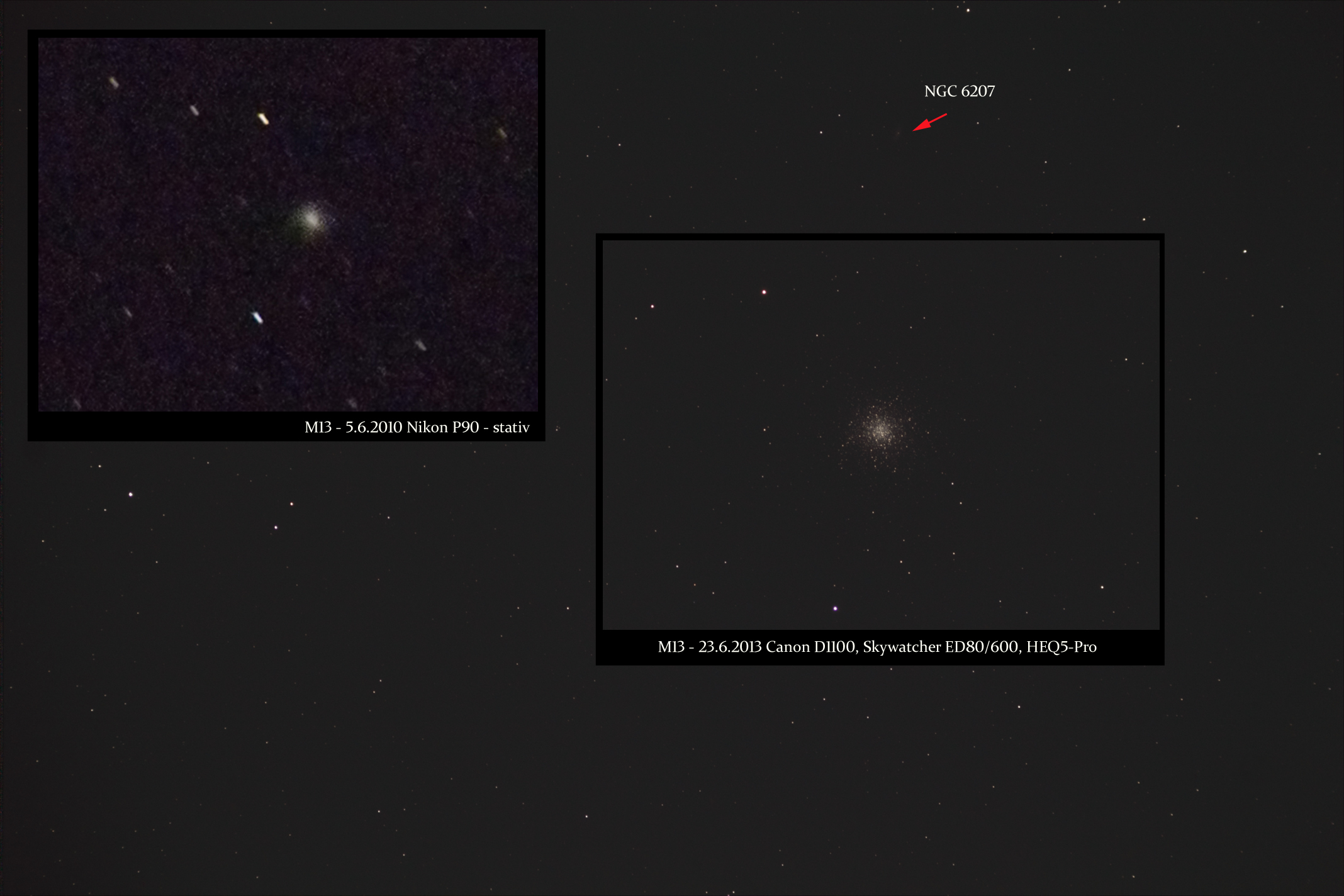 M13 srovnání Nikon P90 stativ / Canon D1100 +ED80/600 +HEQ5-Pr