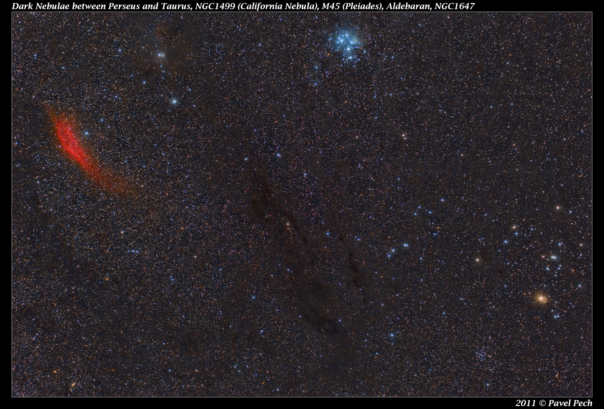 Temné mlhoviny mezi Perseem a Býkem, NGC1499, M45, Aldebaran