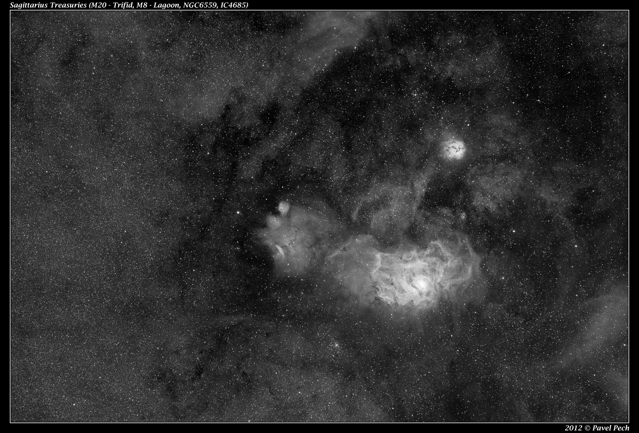 Sagittarius Treasuries (M20, M8, NGC6559, IC4685) Ha