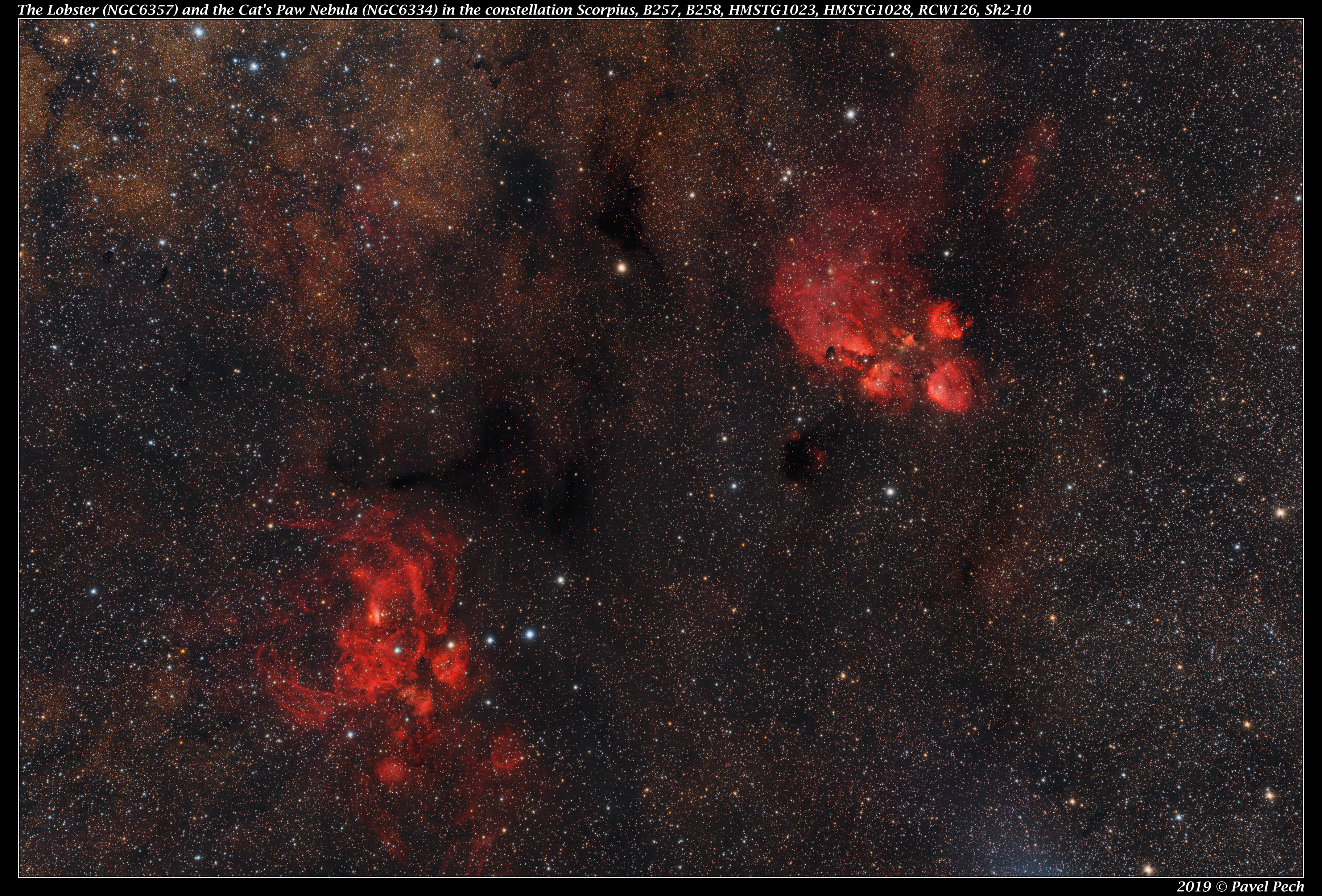 Lobster (NGC6357), Cat's Paw (NGC6334), B257-258, RCW126, Sh2-10