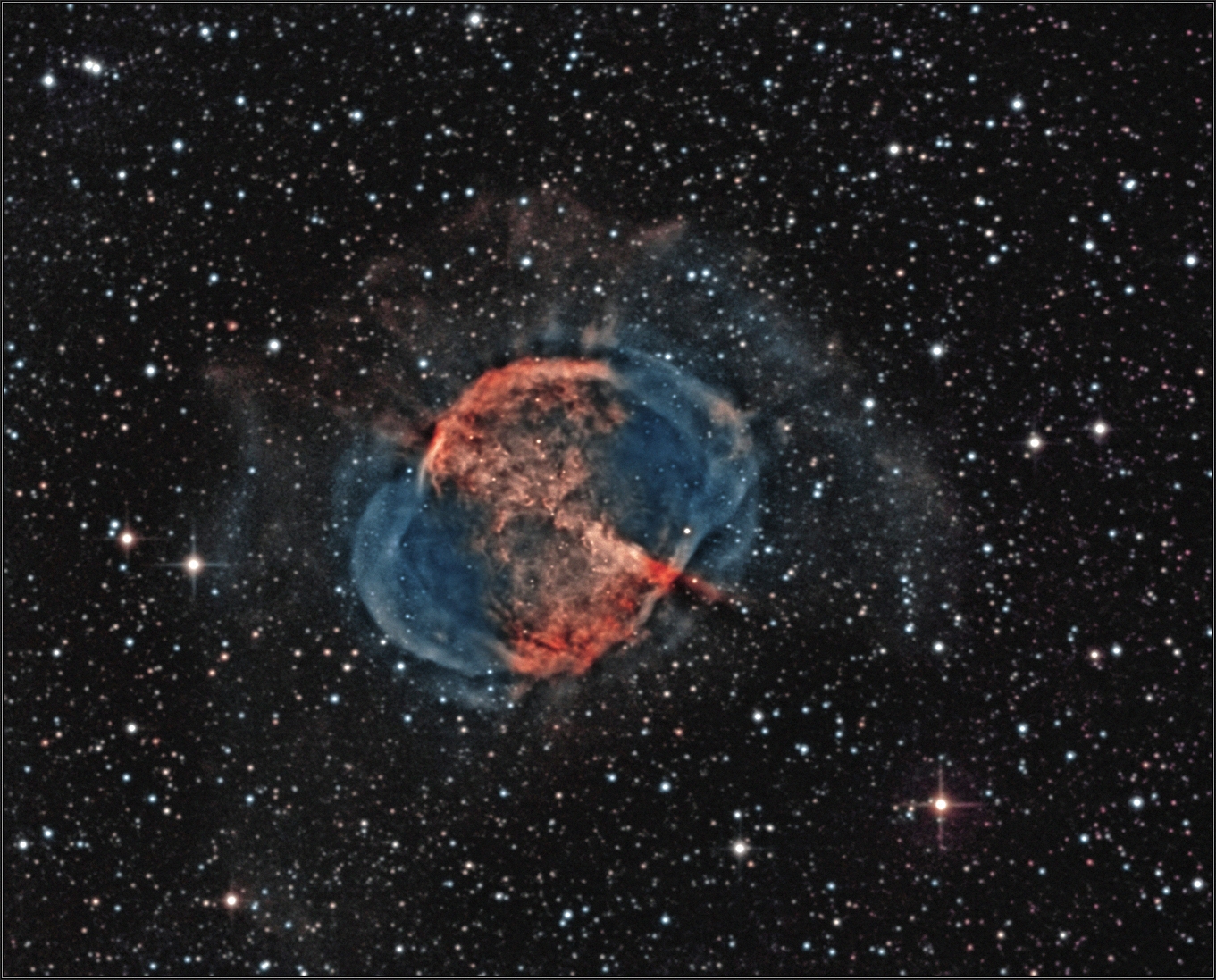 M27 bicolor (Ha, OIII) full, detail, vytažená obálka