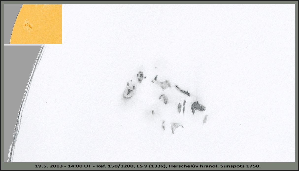 Kresba sluneční skvrny 1750