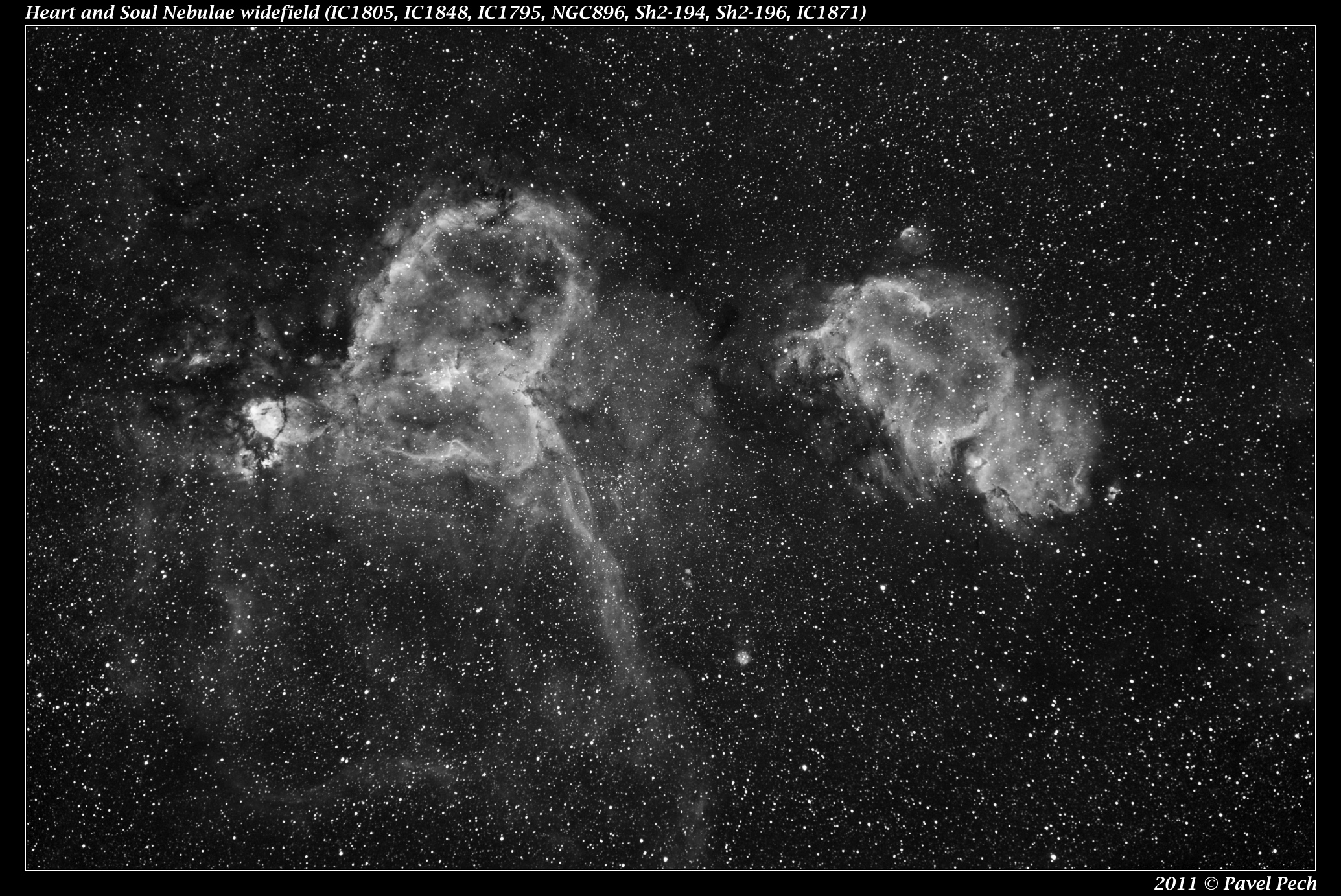 Heart and Soul Nebulae (IC1805, IC1848, IC1795, NGC896)