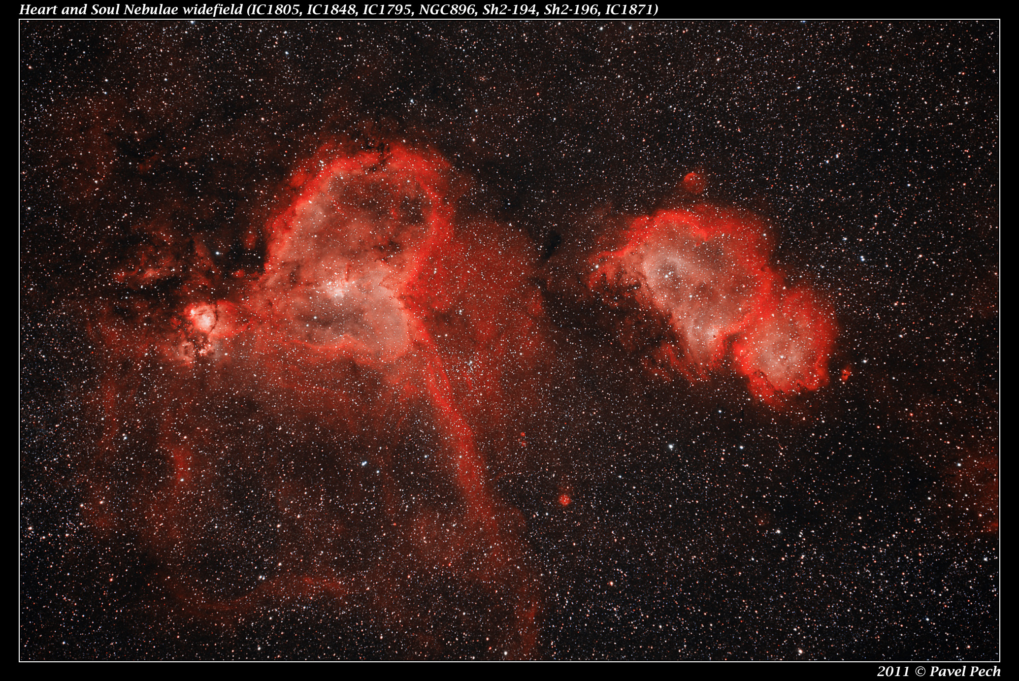 Heart and Soul Nebulae (IC1805, IC1848) bicolor