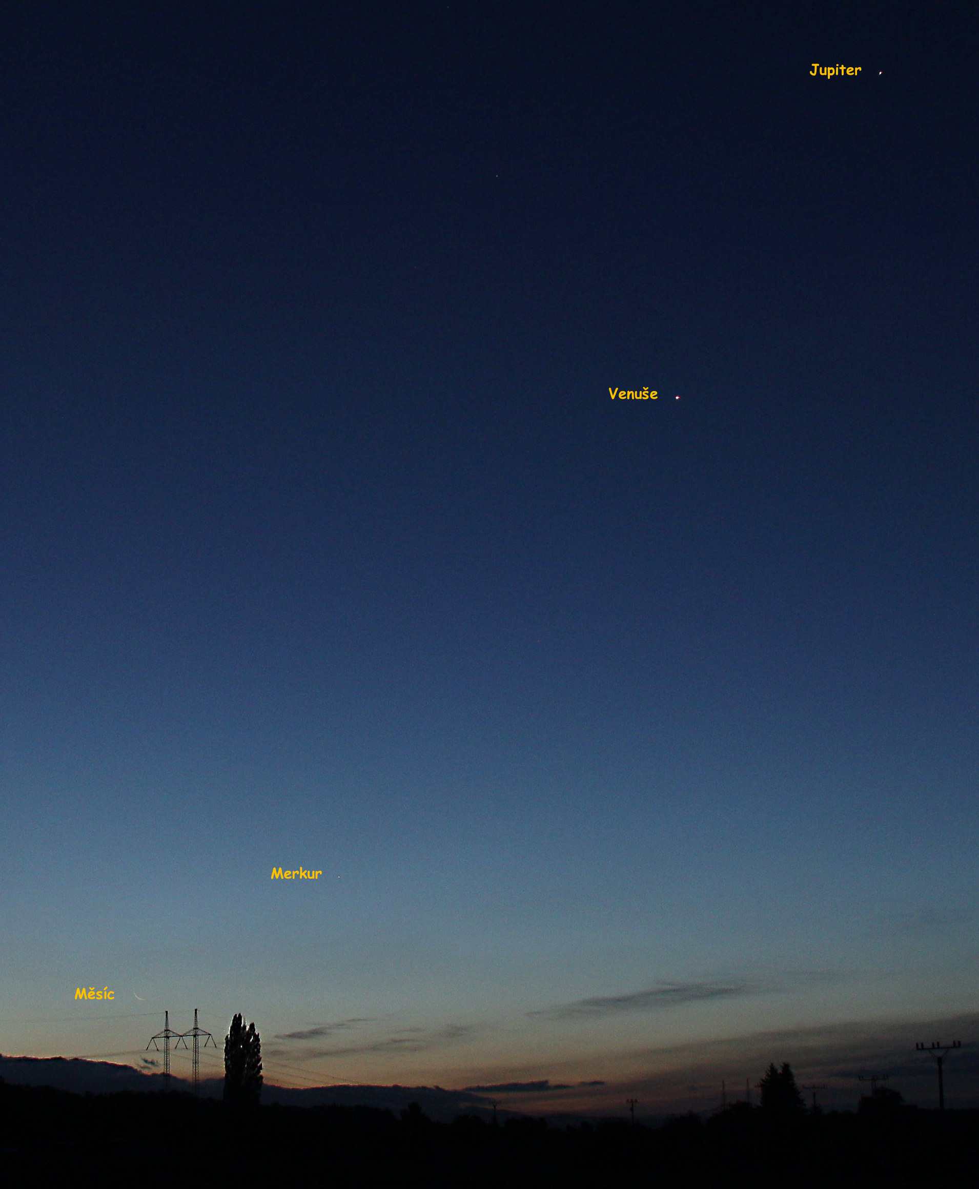 Měsíc-Merkur-Venuše-Jupiter s popisky